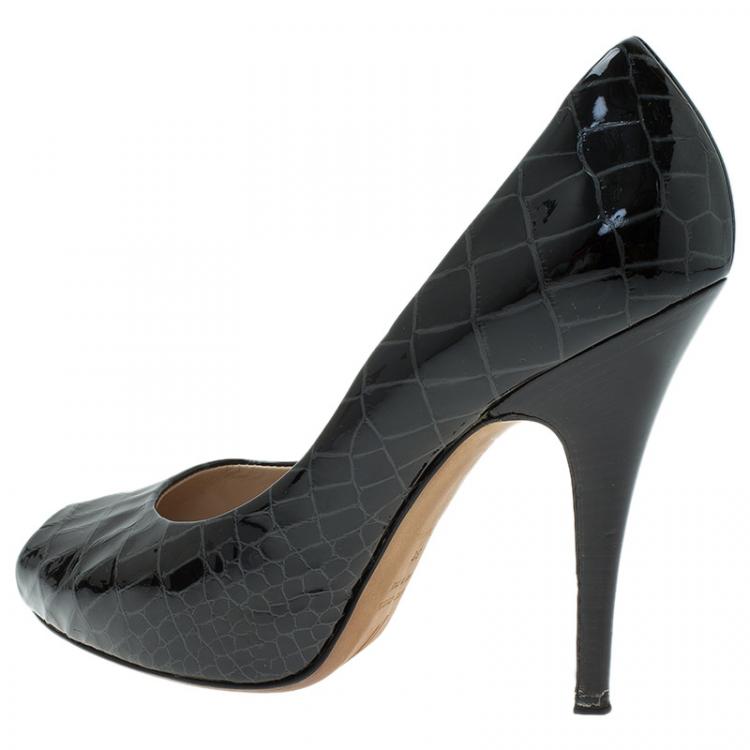 Pre Owned Giuseppe Zanotti Black Patent Croc Embossed Sharon Platform Peep Toe Pumps Size 38