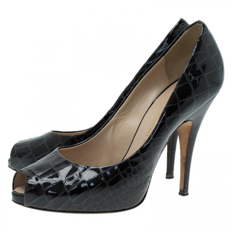Pre Owned Giuseppe Zanotti Black Patent Croc Embossed Sharon Platform Peep Toe Pumps Size 38