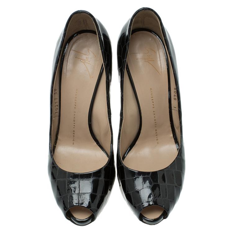 Pre Owned Giuseppe Zanotti Black Patent Croc Embossed Sharon Platform Peep Toe Pumps Size 38