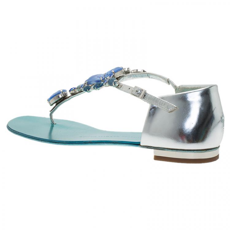Pre Owned Giuseppe Zanotti Metallic Turquoise Jewel Embellished Flat Sandals Size 37