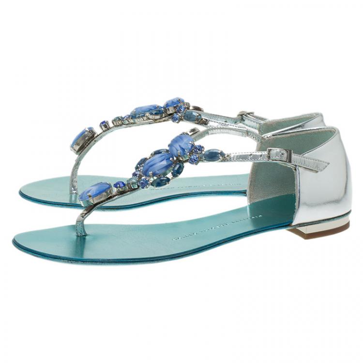 Pre Owned Giuseppe Zanotti Metallic Turquoise Jewel Embellished Flat Sandals Size 37