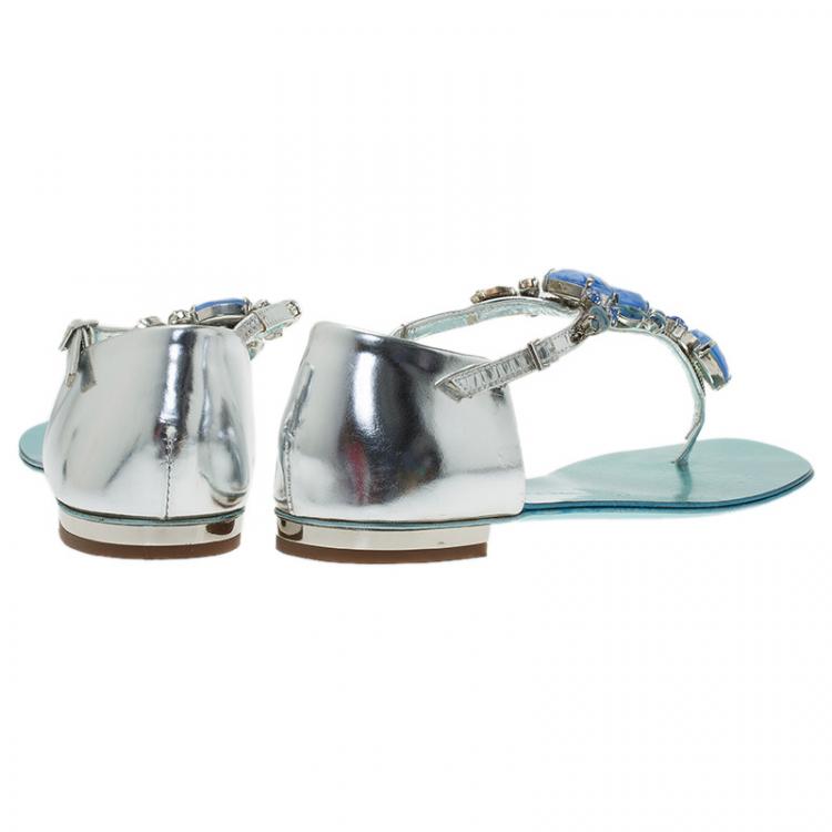 Pre Owned Giuseppe Zanotti Metallic Turquoise Jewel Embellished Flat Sandals Size 37