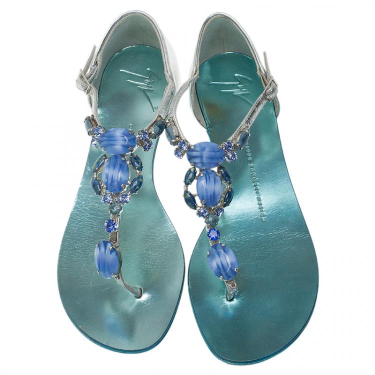 Pre Owned Giuseppe Zanotti Metallic Turquoise Jewel Embellished Flat Sandals Size 37