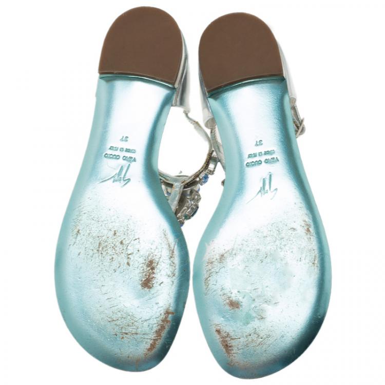 Pre Owned Giuseppe Zanotti Metallic Turquoise Jewel Embellished Flat Sandals Size 37