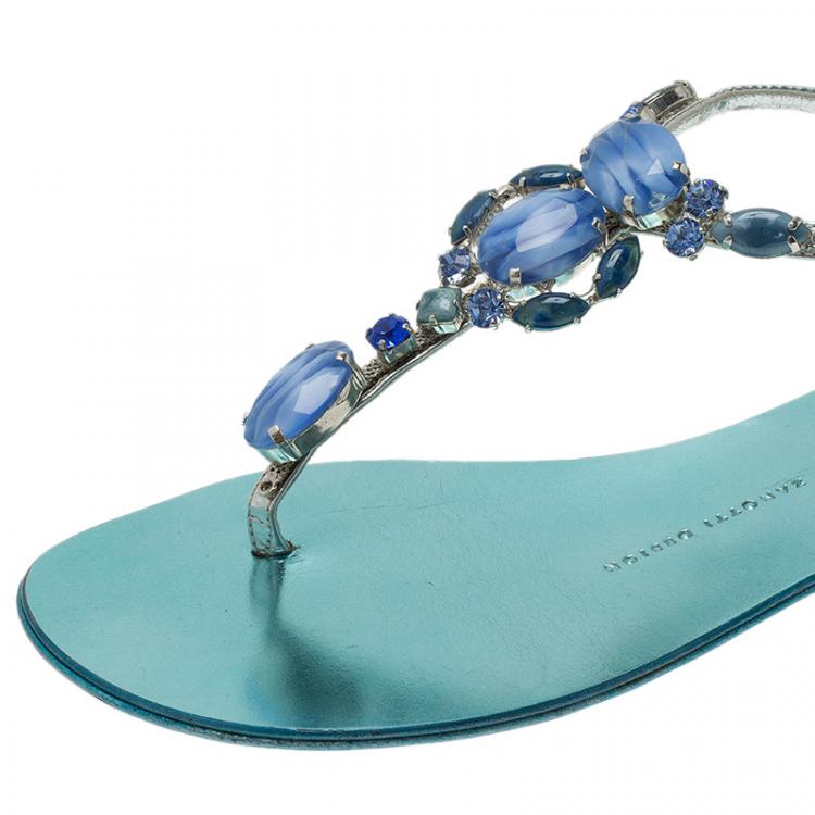 Pre Owned Giuseppe Zanotti Metallic Turquoise Jewel Embellished Flat Sandals Size 37