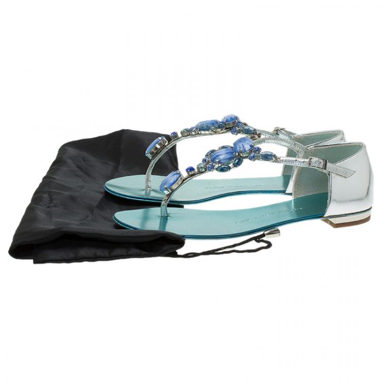 Pre Owned Giuseppe Zanotti Metallic Turquoise Jewel Embellished Flat Sandals Size 37