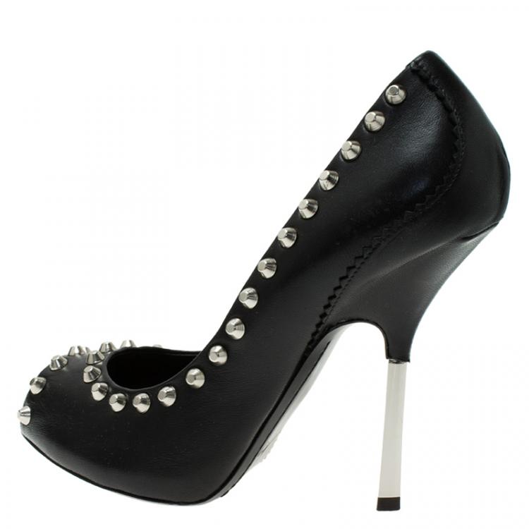 Pre Owned Giuseppe Zanotti Black Leather Studded Peep Toe Pumps Size 38.5 