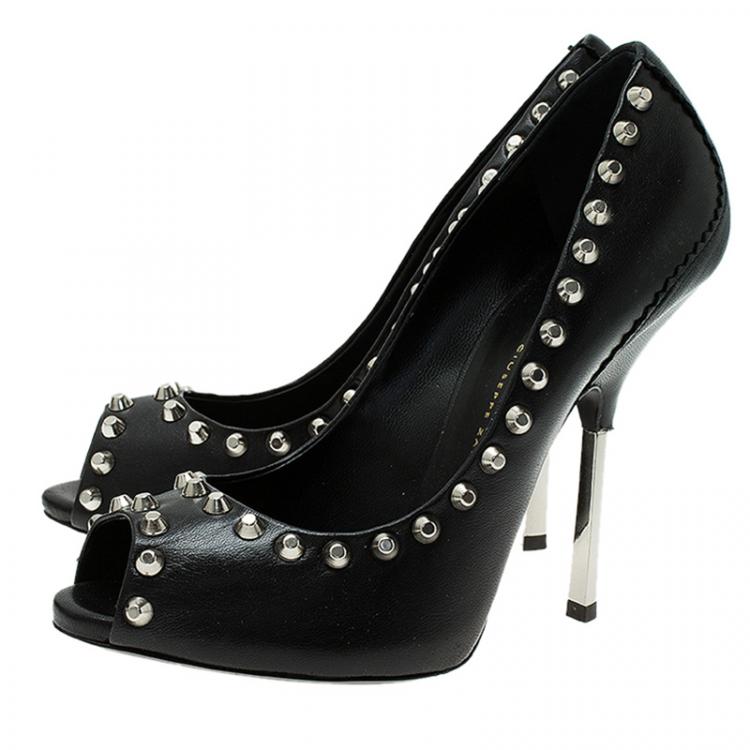 Pre Owned Giuseppe Zanotti Black Leather Studded Peep Toe Pumps Size 38.5 