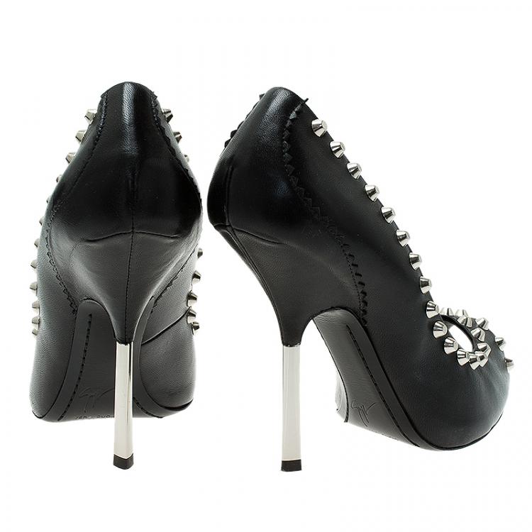 Pre Owned Giuseppe Zanotti Black Leather Studded Peep Toe Pumps Size 38.5 