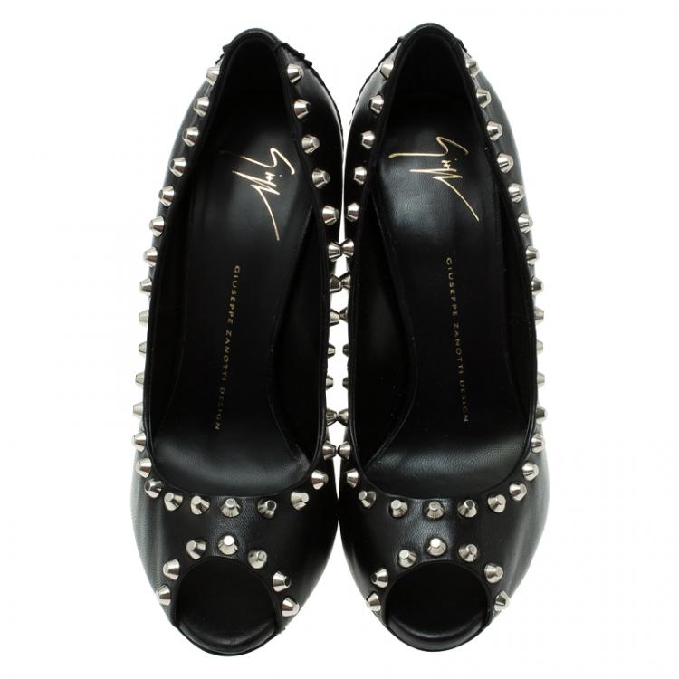 Pre Owned Giuseppe Zanotti Black Leather Studded Peep Toe Pumps Size 38.5 