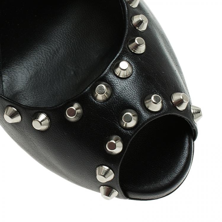 Pre Owned Giuseppe Zanotti Black Leather Studded Peep Toe Pumps Size 38.5 