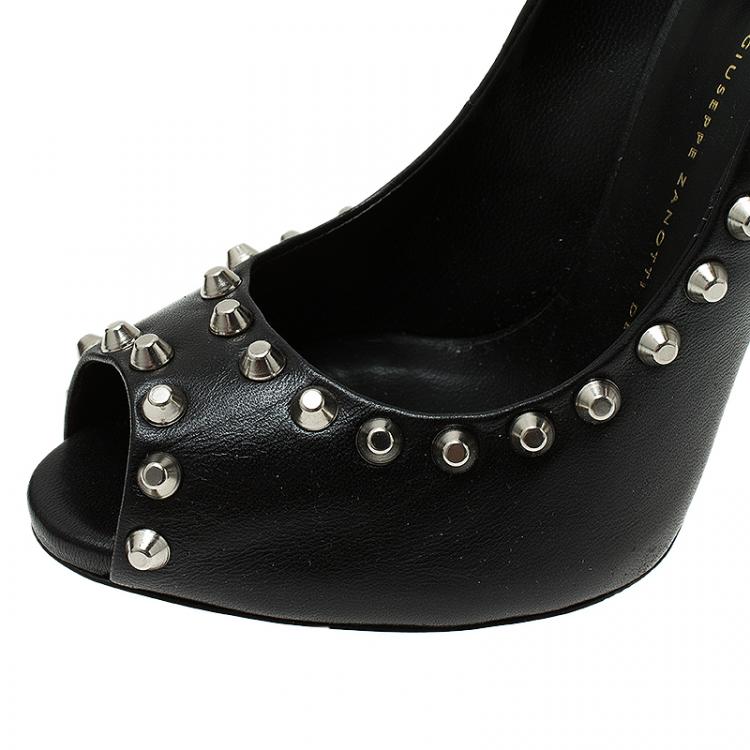 Pre Owned Giuseppe Zanotti Black Leather Studded Peep Toe Pumps Size 38.5 
