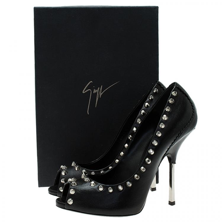 Pre Owned Giuseppe Zanotti Black Leather Studded Peep Toe Pumps Size 38.5 