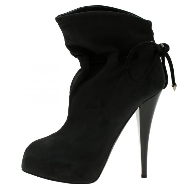 Pre Owned Giuseppe Zanotti Black Leather Bow Tie Ankle Boots Size 38.5