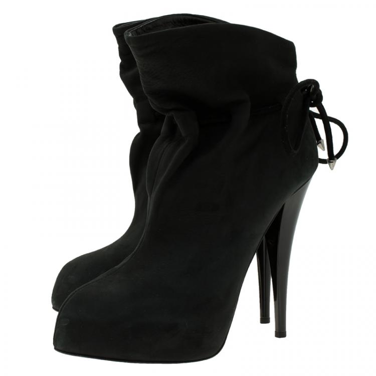 Pre Owned Giuseppe Zanotti Black Leather Bow Tie Ankle Boots Size 38.5