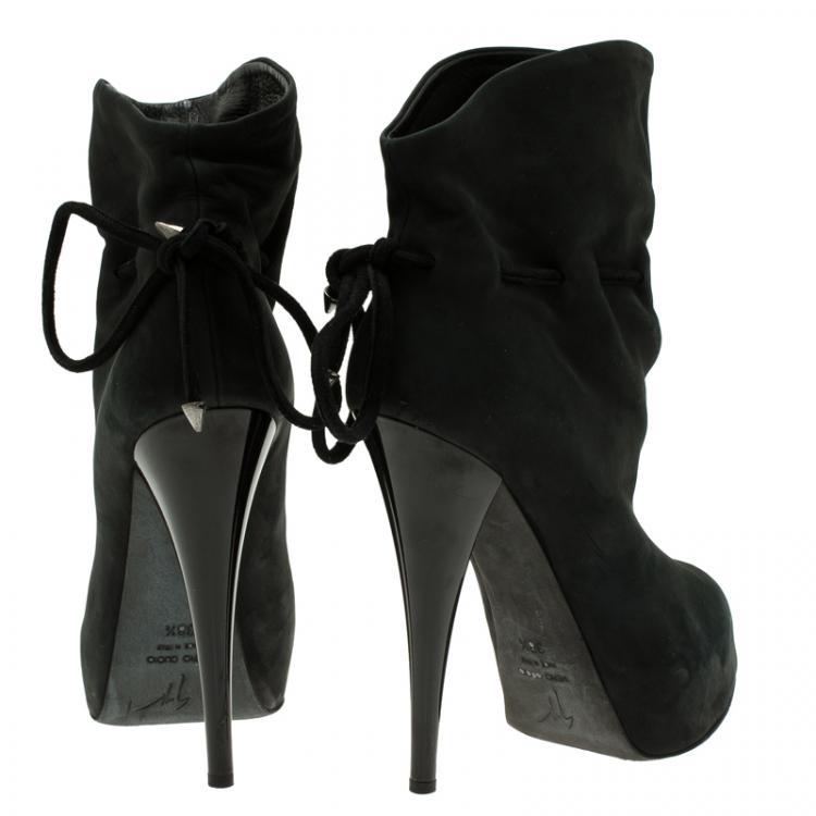 Pre Owned Giuseppe Zanotti Black Leather Bow Tie Ankle Boots Size 38.5