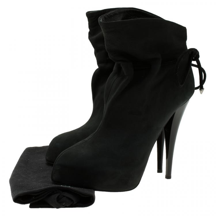 Pre Owned Giuseppe Zanotti Black Leather Bow Tie Ankle Boots Size 38.5