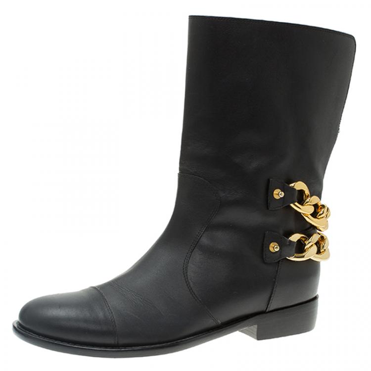 Pre Owned Giuseppe Zanotti Black Leather Chain Detail Ankle Boots Size 38.5
