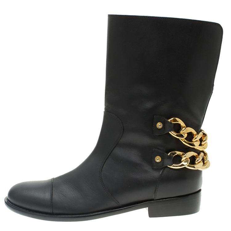 Pre Owned Giuseppe Zanotti Black Leather Chain Detail Ankle Boots Size 38.5