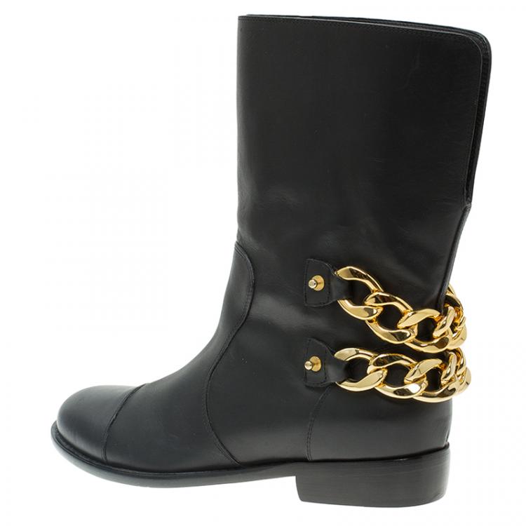 Pre Owned Giuseppe Zanotti Black Leather Chain Detail Ankle Boots Size 38.5