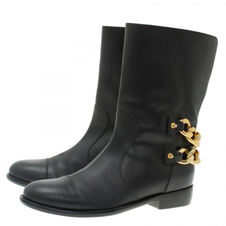 Pre Owned Giuseppe Zanotti Black Leather Chain Detail Ankle Boots Size 38.5