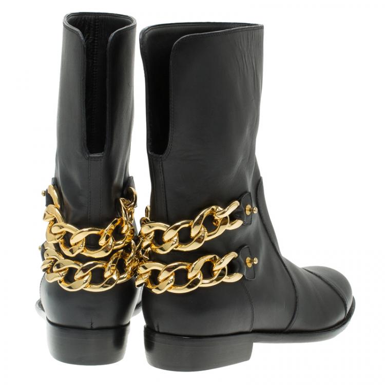 Pre Owned Giuseppe Zanotti Black Leather Chain Detail Ankle Boots Size 38.5