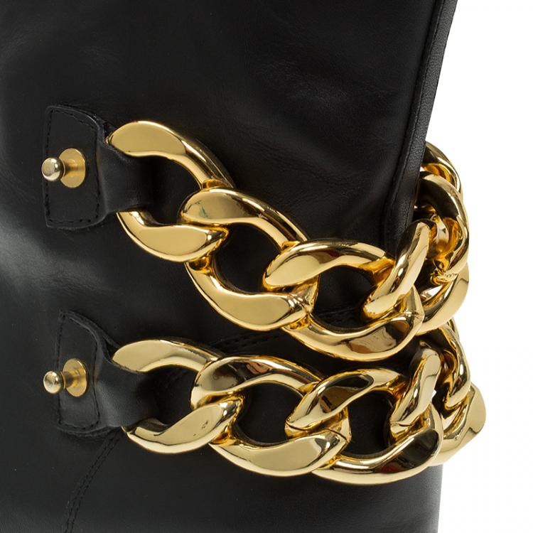 Pre Owned Giuseppe Zanotti Black Leather Chain Detail Ankle Boots Size 38.5