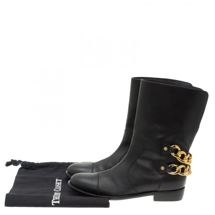 Pre Owned Giuseppe Zanotti Black Leather Chain Detail Ankle Boots Size 38.5