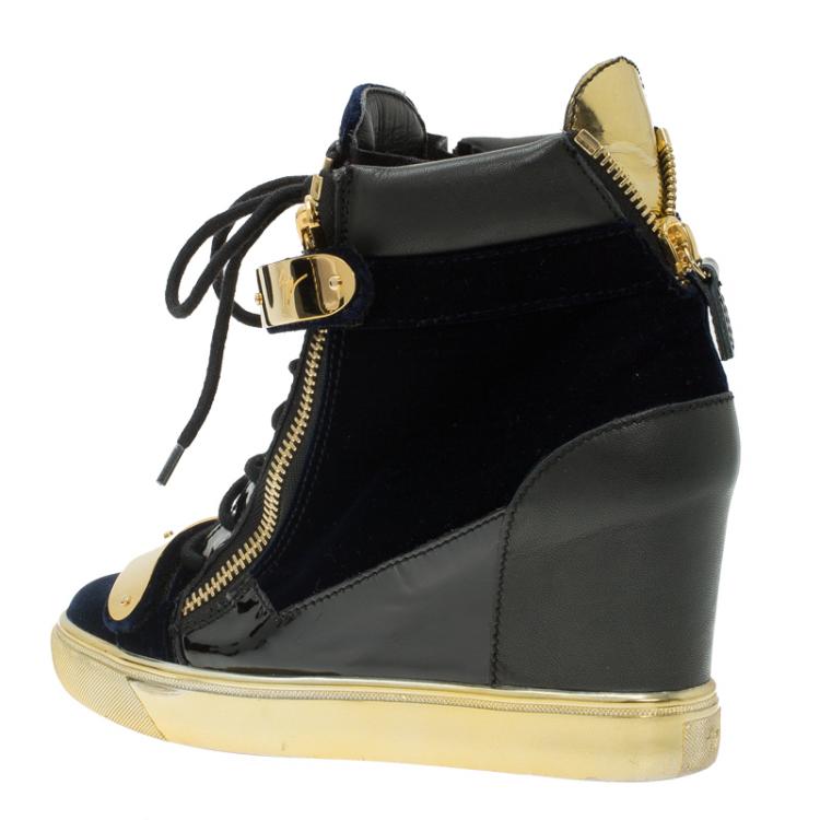 Pre Owned Giuseppe Zanotti Black Leather and Blue Velvet Coby Wedge Sneakers Size 38.5