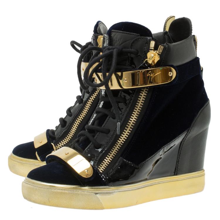 Pre Owned Giuseppe Zanotti Black Leather and Blue Velvet Coby Wedge Sneakers Size 38.5