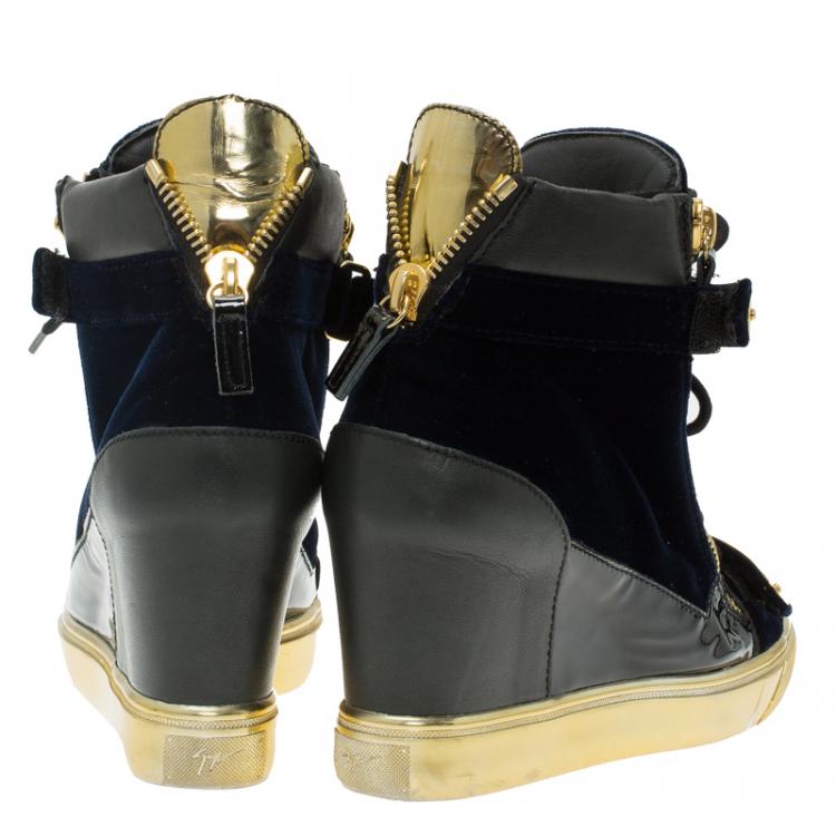 Pre Owned Giuseppe Zanotti Black Leather and Blue Velvet Coby Wedge Sneakers Size 38.5