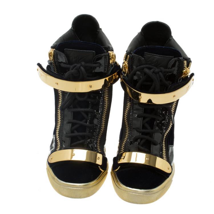 Pre Owned Giuseppe Zanotti Black Leather and Blue Velvet Coby Wedge Sneakers Size 38.5