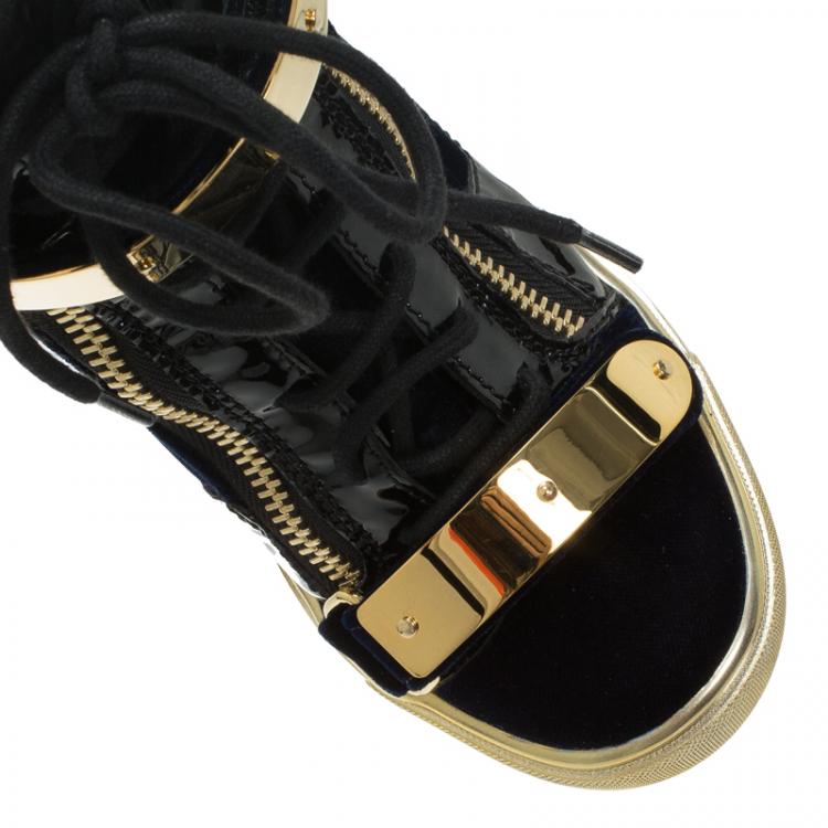 Pre Owned Giuseppe Zanotti Black Leather and Blue Velvet Coby Wedge Sneakers Size 38.5