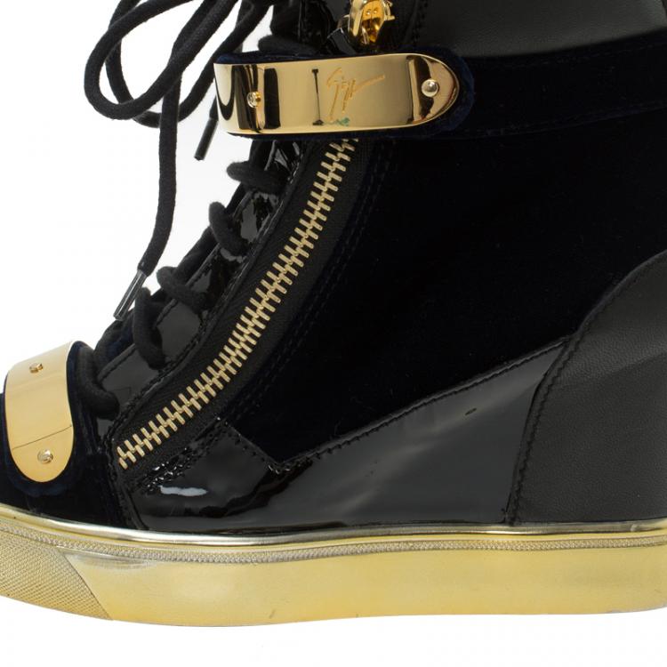 Pre Owned Giuseppe Zanotti Black Leather and Blue Velvet Coby Wedge Sneakers Size 38.5