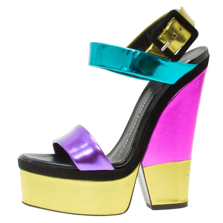 Pre Owned Giuseppe Zanotti Metallic Color Leather Platform Wedge Sandals Size 36