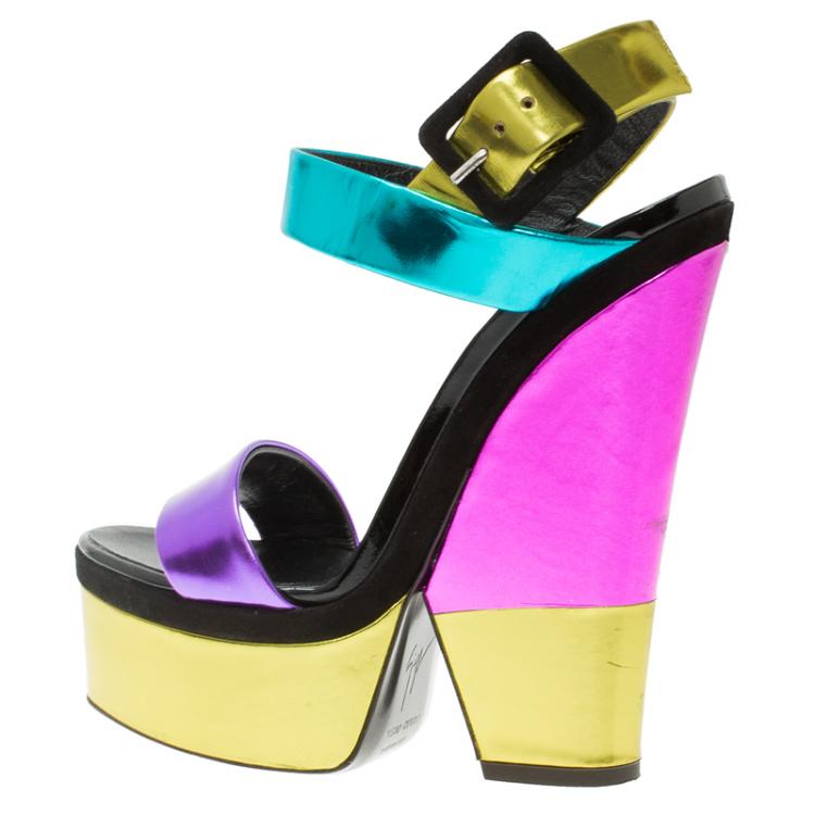Pre Owned Giuseppe Zanotti Metallic Color Leather Platform Wedge Sandals Size 36