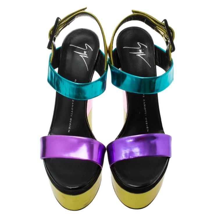 Pre Owned Giuseppe Zanotti Metallic Color Leather Platform Wedge Sandals Size 36