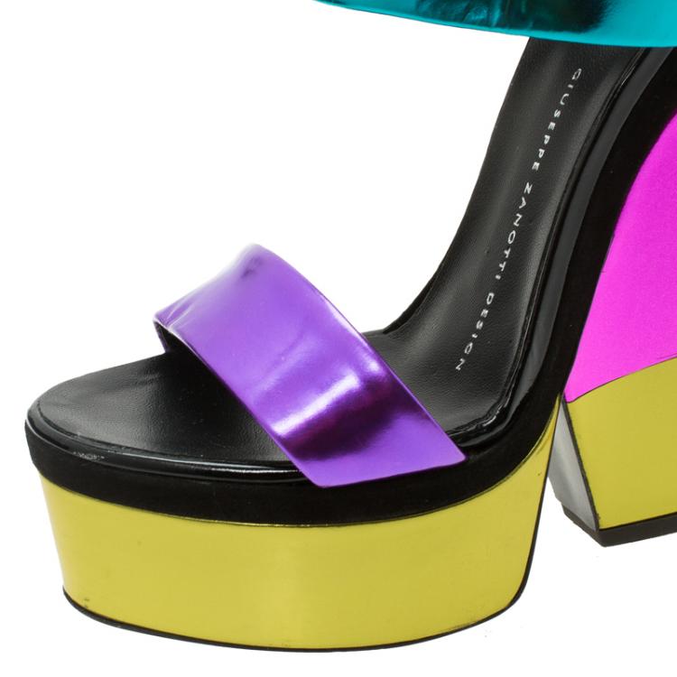 Pre Owned Giuseppe Zanotti Metallic Color Leather Platform Wedge Sandals Size 36