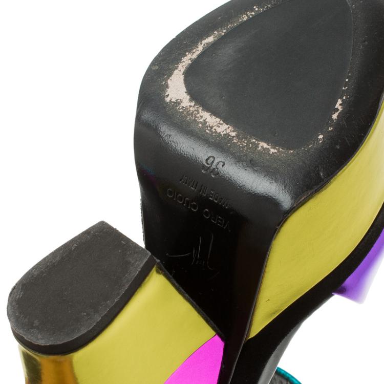 Pre Owned Giuseppe Zanotti Metallic Color Leather Platform Wedge Sandals Size 36