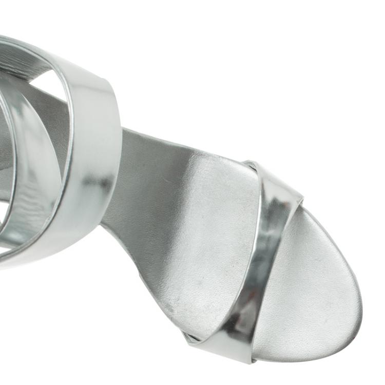 Pre Owned Giuseppe Zanotti Silver Metallic Leather Criss Cross Platform Sandals Size 39.5