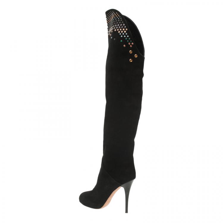 Pre Owned Giuseppe Zanotti Black Studded Suede Over Knee Boots Size 38