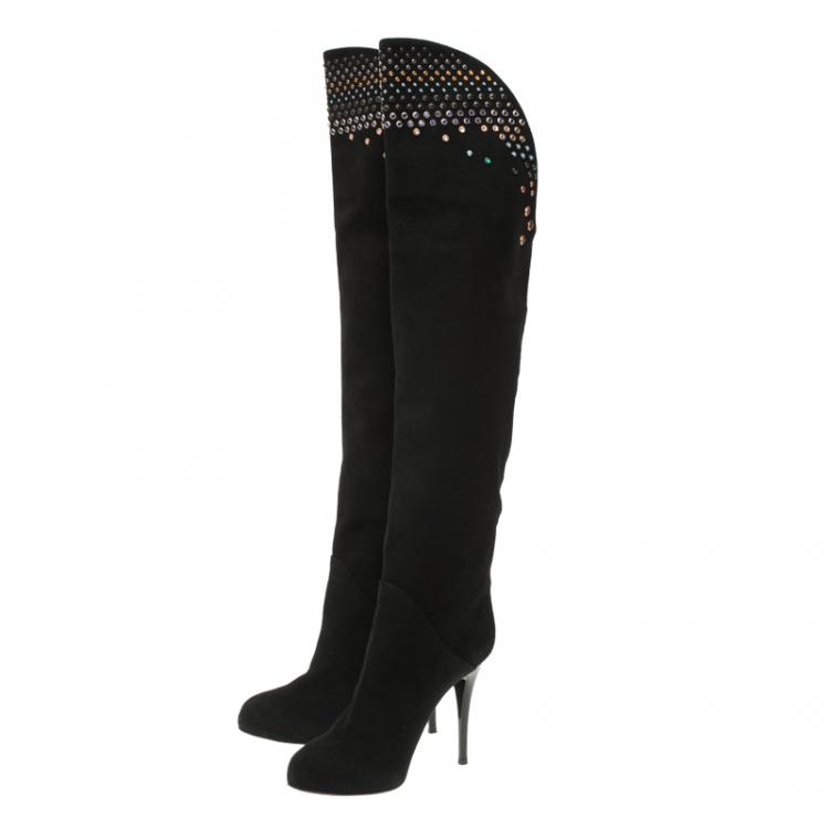 Pre Owned Giuseppe Zanotti Black Studded Suede Over Knee Boots Size 38