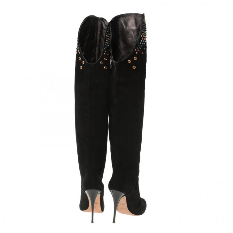 Pre Owned Giuseppe Zanotti Black Studded Suede Over Knee Boots Size 38