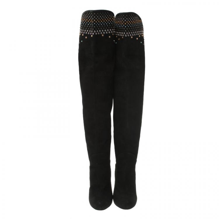 Pre Owned Giuseppe Zanotti Black Studded Suede Over Knee Boots Size 38