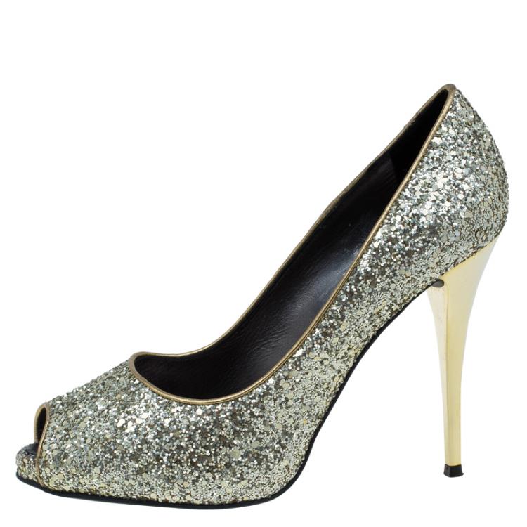Pre Owned Giuseppe Zanotti Gold Glitter Peep Toe Platform Pumps Size 38 