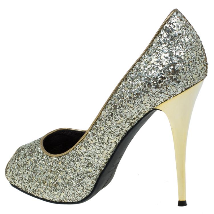 Pre Owned Giuseppe Zanotti Gold Glitter Peep Toe Platform Pumps Size 38 