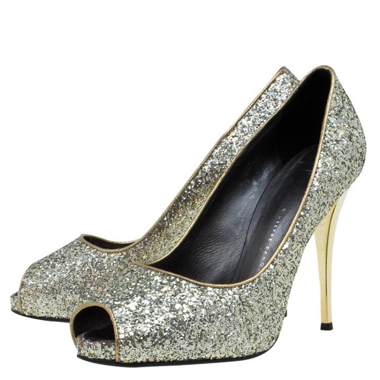 Pre Owned Giuseppe Zanotti Gold Glitter Peep Toe Platform Pumps Size 38 