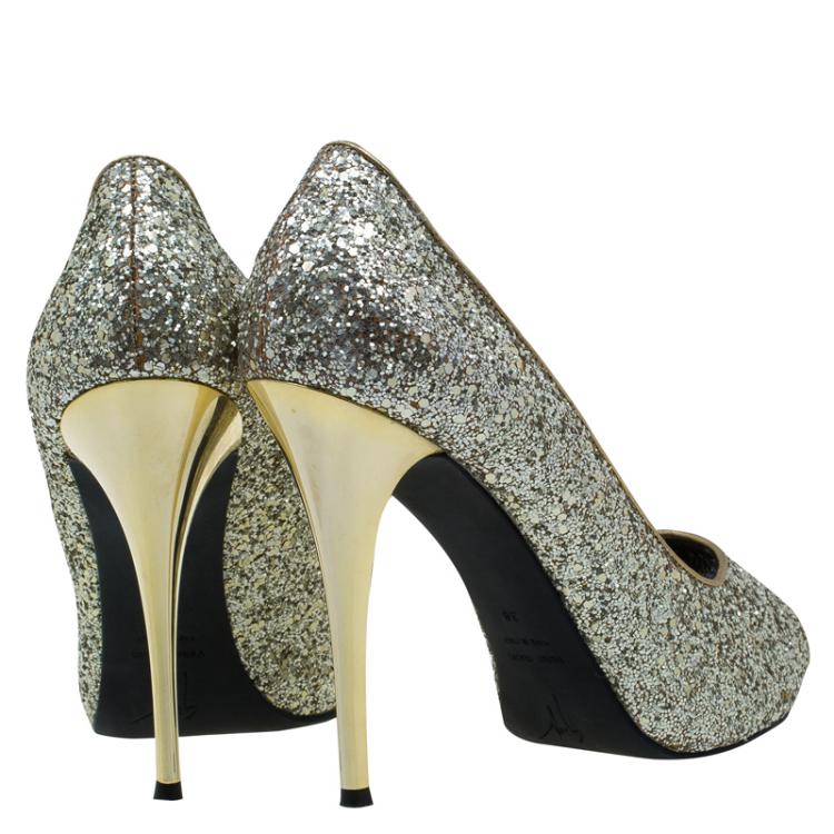 Pre Owned Giuseppe Zanotti Gold Glitter Peep Toe Platform Pumps Size 38 