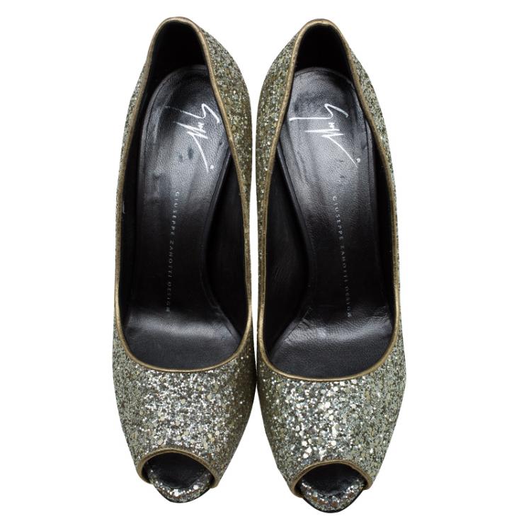 Pre Owned Giuseppe Zanotti Gold Glitter Peep Toe Platform Pumps Size 38 