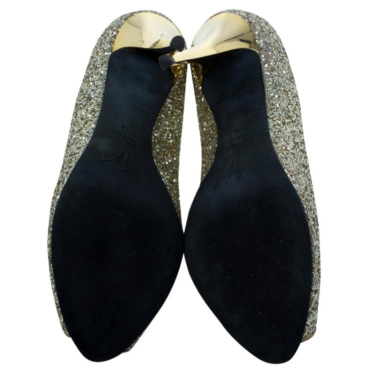 Pre Owned Giuseppe Zanotti Gold Glitter Peep Toe Platform Pumps Size 38 